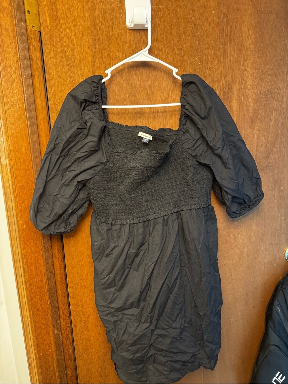 American Eagle Outfitters Black Puff-Sleeve Smocked Mini Dress